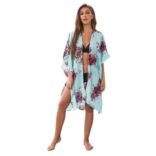 Light Blue Floral Kimono Sleeves Chiffon Open Front Cover Up Dress